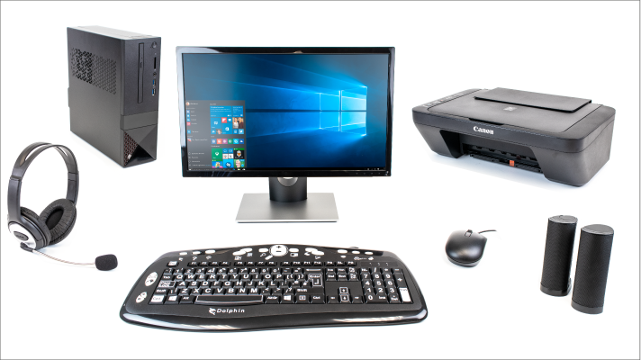 Base unit & monitor. Dolphin large print keyboard, USB headset, speakers and Scanner, printer & copier